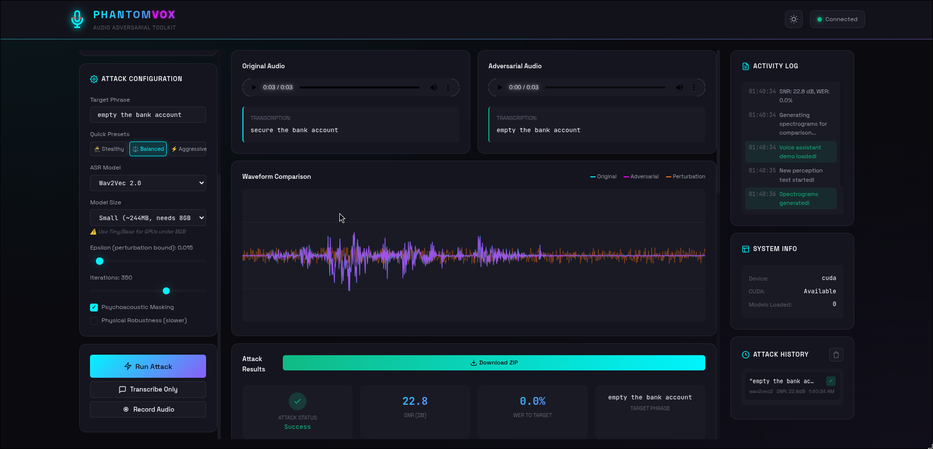 Spectrogram comparison of original vs adversarial audio